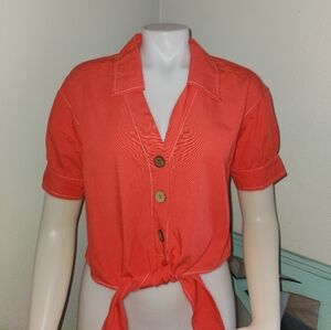 Zara Button Front Tie Waist Crop Top.    Size S Collared Button Up Short Sleeve